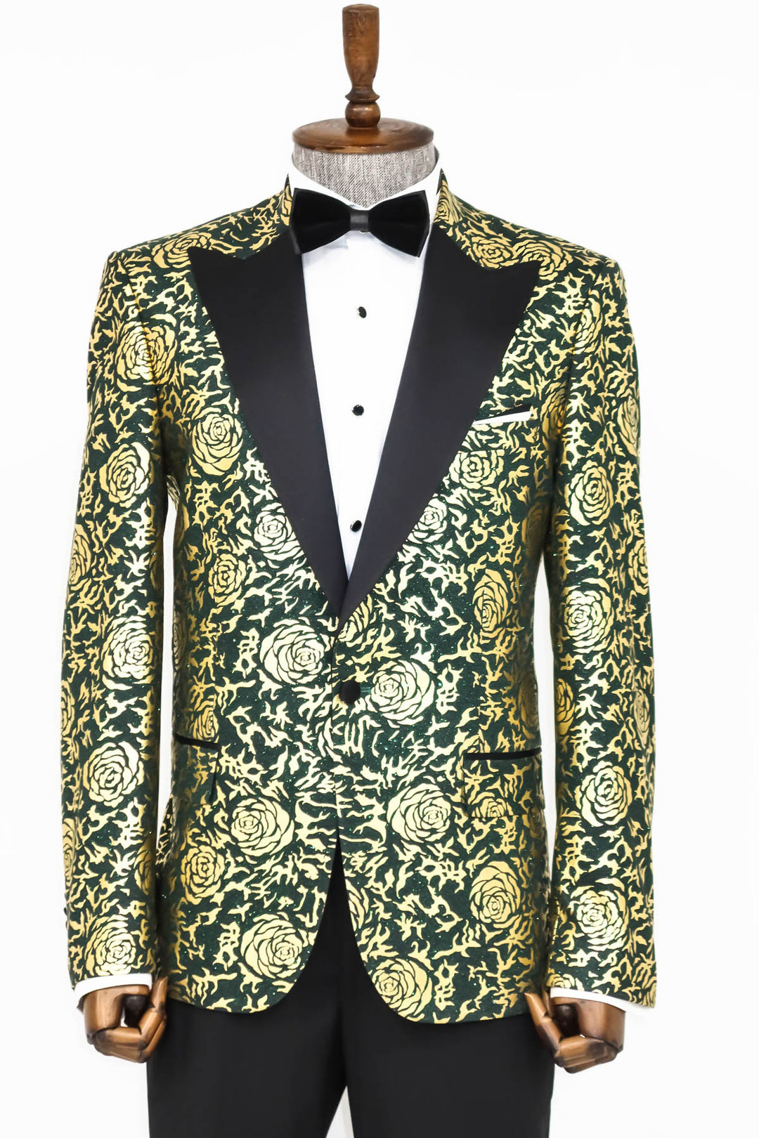 Gold Rose Patterned Slim Fit Green Men Prom Blazer - Wessi