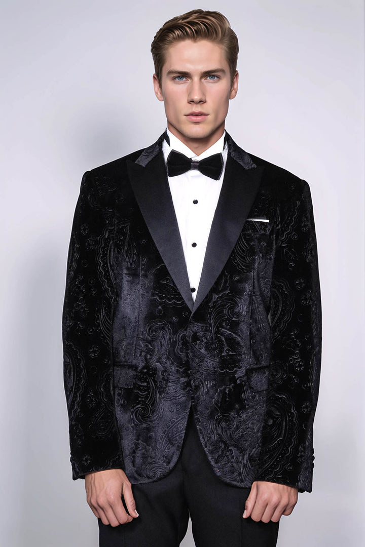 Blazer de fiesta de hombre negro de terciopelo con estampado floral - Wessi