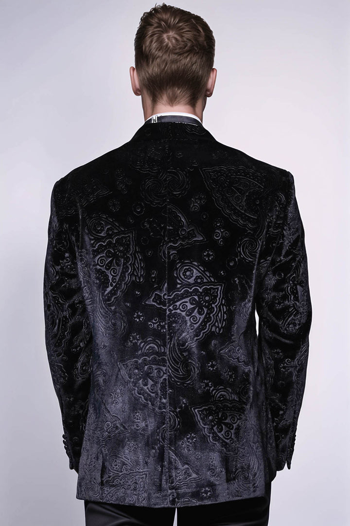 Blazer de fiesta de hombre negro de terciopelo con estampado floral - Wessi