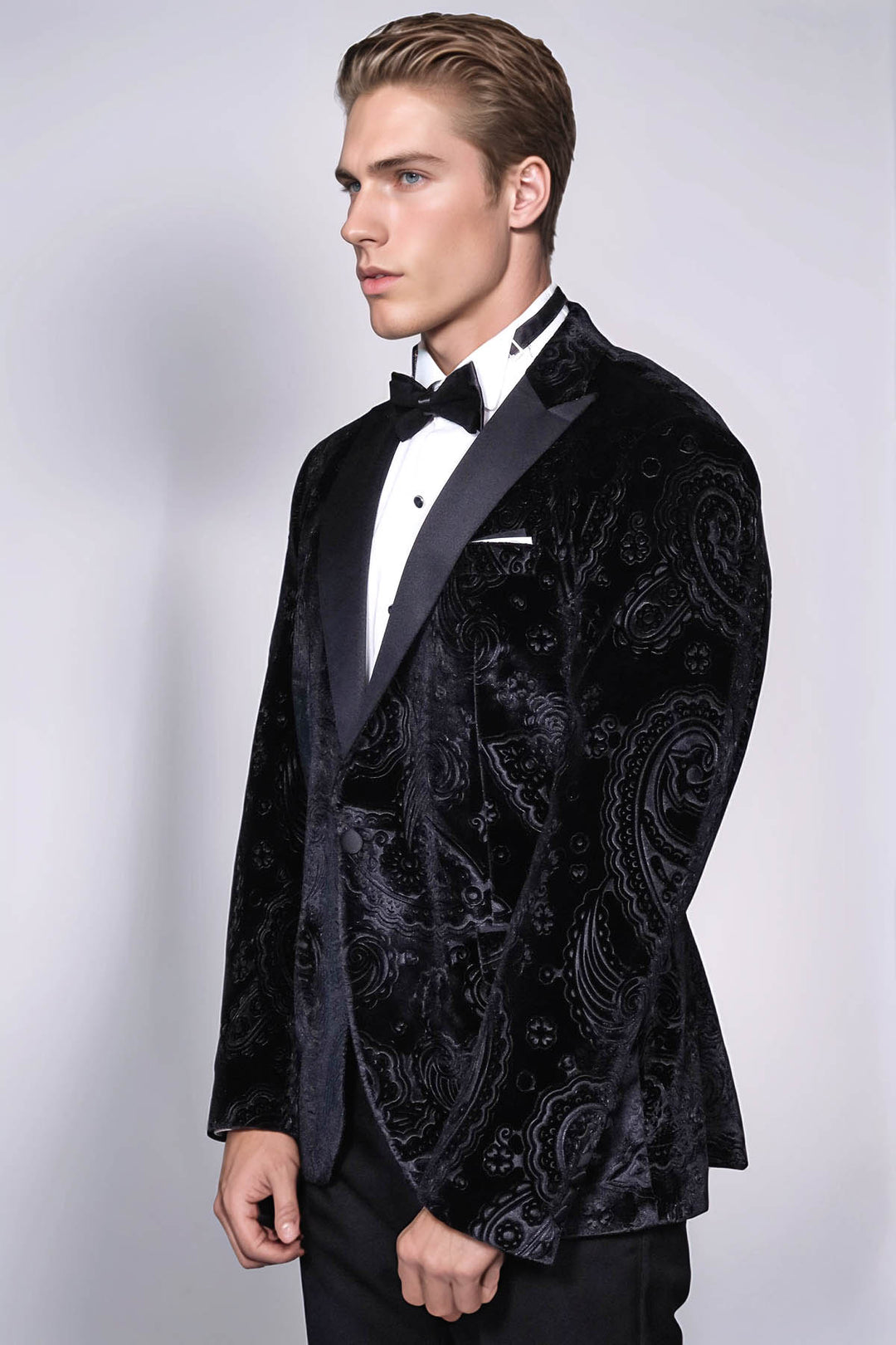 Blazer de fiesta de hombre negro de terciopelo con estampado floral - Wessi