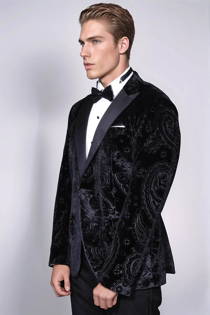 Blazer de fiesta de hombre negro de terciopelo con estampado floral - Wessi
