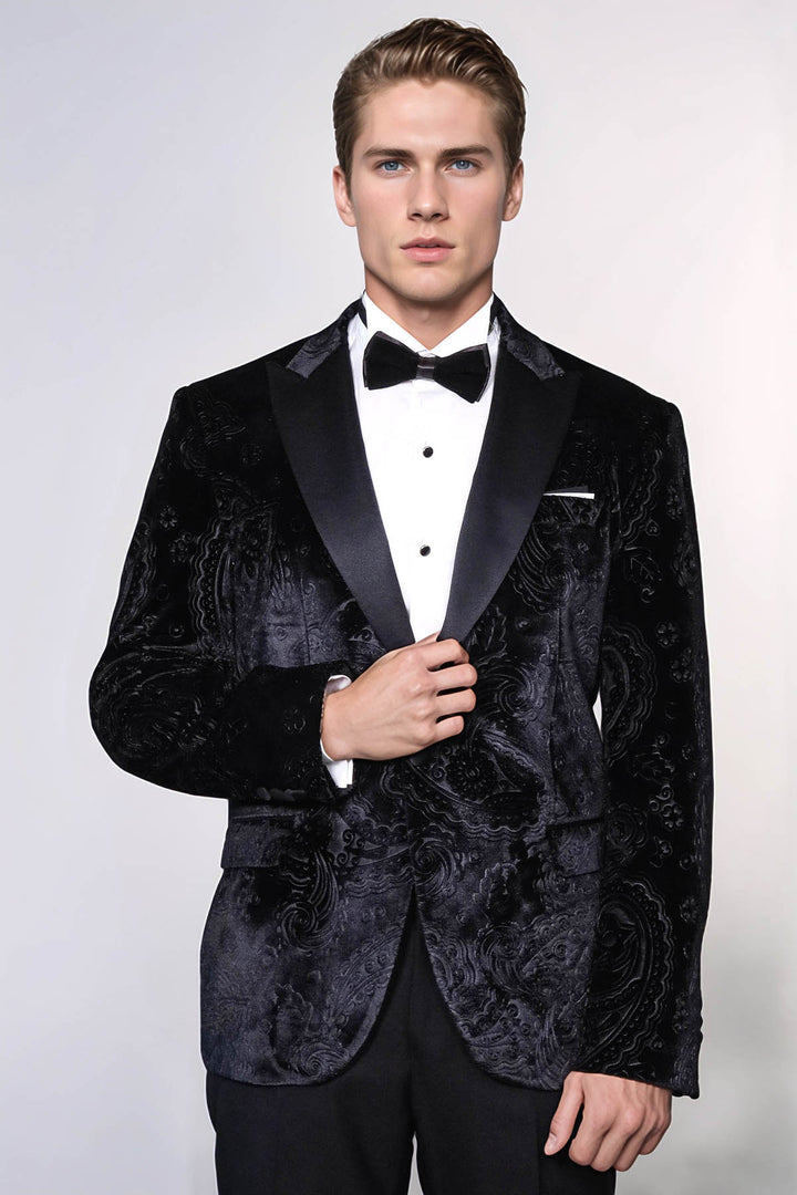 Blazer de fiesta de hombre negro de terciopelo con estampado floral - Wessi