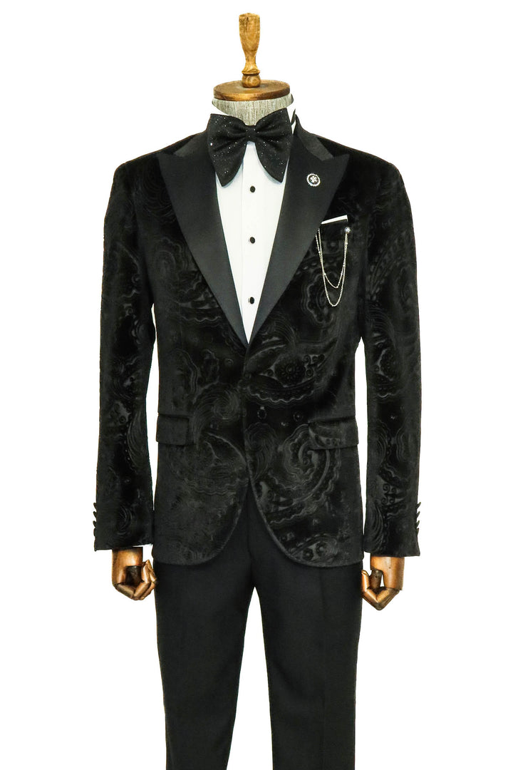Floral Patterned Velvet Black Men Prom Blazer and Trousers Combination - Wessi