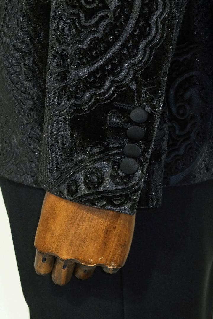 Floral Patterned Velvet Black Men Prom Blazer and Trousers Combination - Wessi