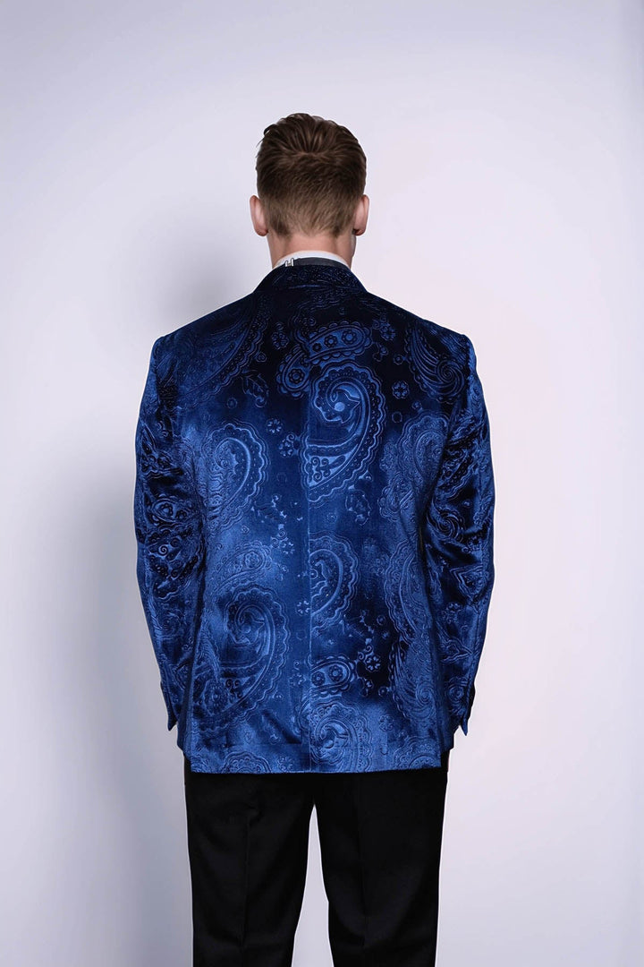 Floral Patterned Velvet Navy Blue Men Tuxedo Blazer - Wessi