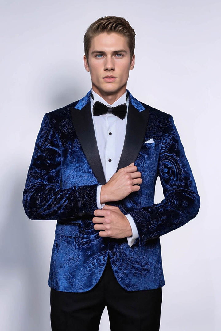 Floral Patterned Velvet Navy Blue Men Tuxedo Blazer - Wessi