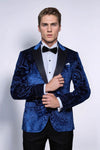 Floral Patterned Velvet Navy Blue Men Tuxedo Blazer - Wessi