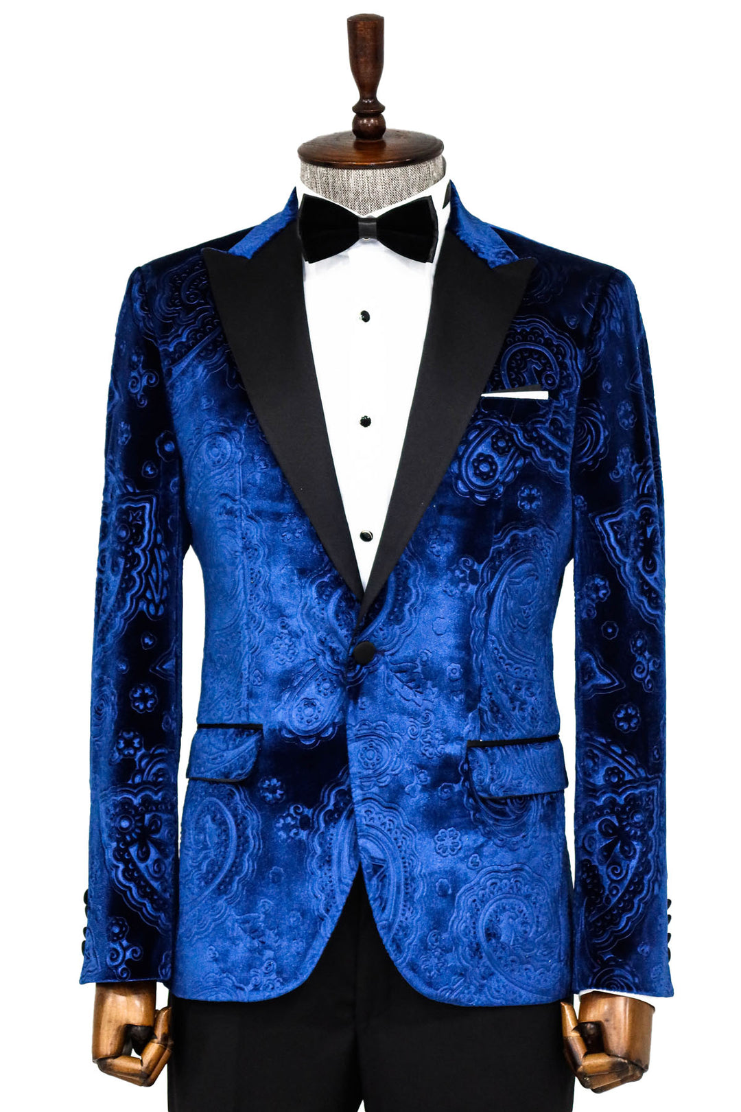Royal Blue Velvet Paisley Pattern Peak Lapel Tuxedo Jacket with Black Pants - Elegant Celebration Attire"
