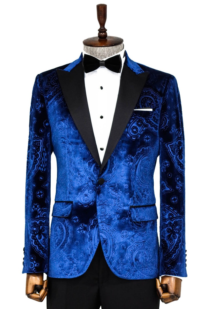 Royal Blue Velvet Paisley Pattern Peak Lapel Tuxedo Jacket with Black Pants - Elegant Celebration Attire"