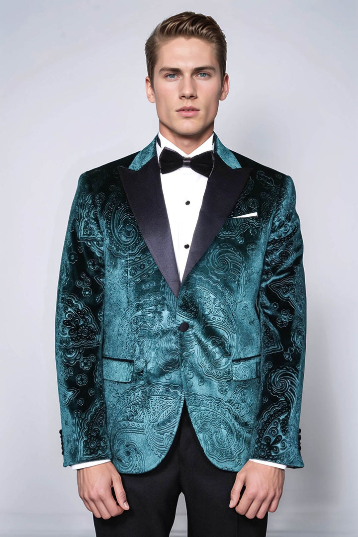 Floral Patterned Velvet Green Men Evening Jacket - Wessi
