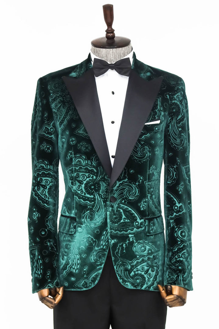 Floral Patterned Velvet Green Men Prom Blazer - Wessi