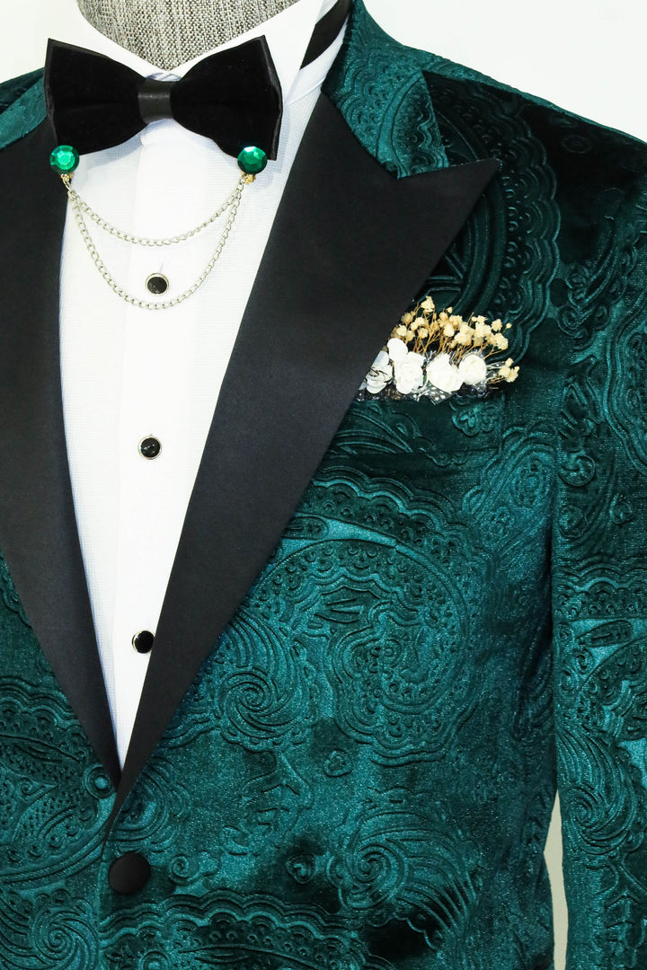 Floral Patterned Velvet Green Men Prom Blazer and Trousers Combination- Wessi