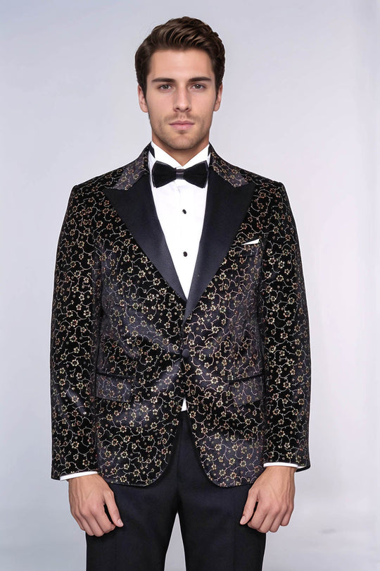 Tiny Flower Pattern Black Men Tuxedo Blazer - Wessi