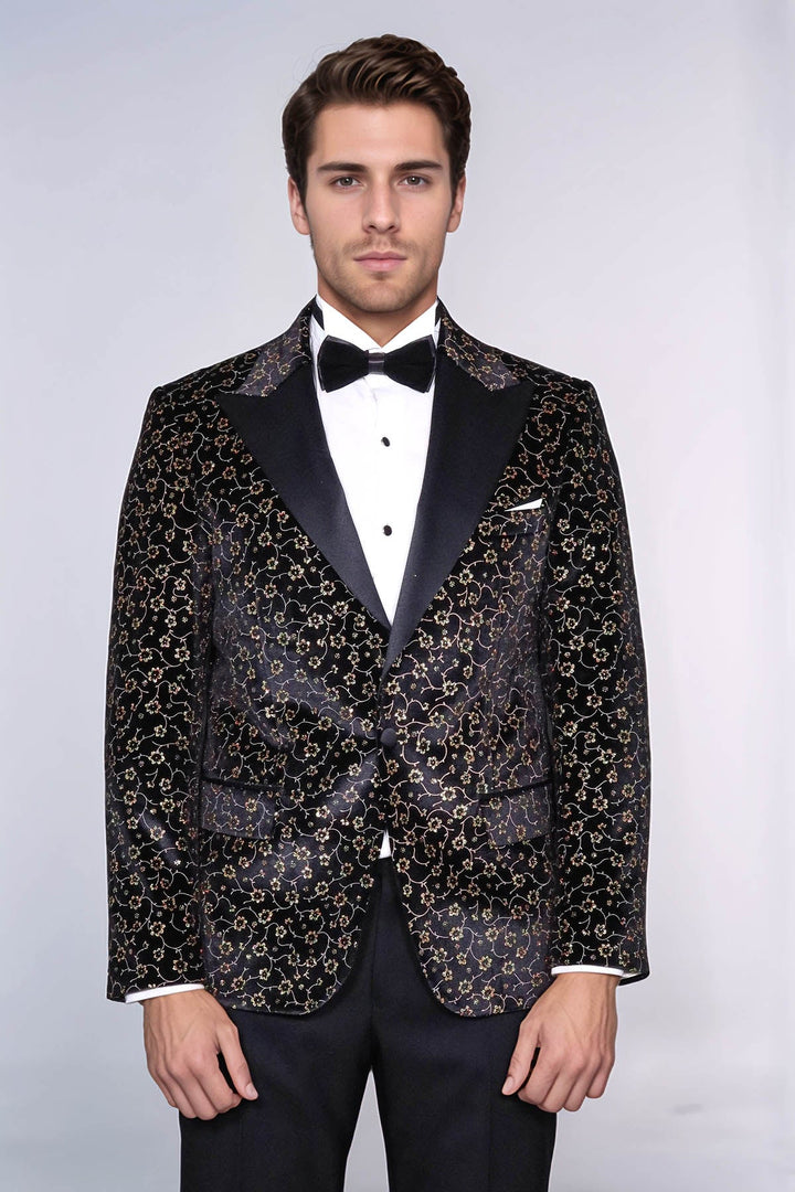 Tiny Flower Pattern Black Men Tuxedo Blazer - Wessi