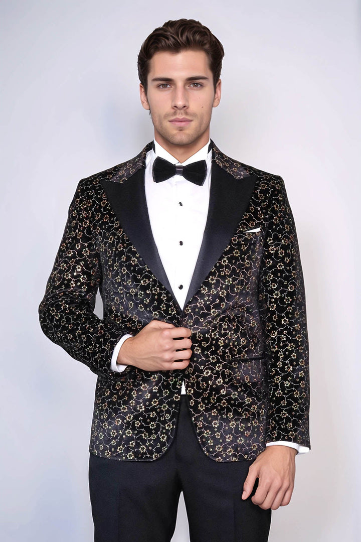 Tiny Flower Pattern Black Men Tuxedo Blazer - Wessi