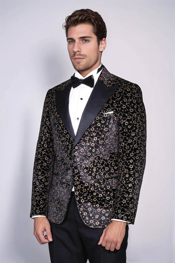 Tiny Flower Pattern Black Men Tuxedo Blazer - Wessi