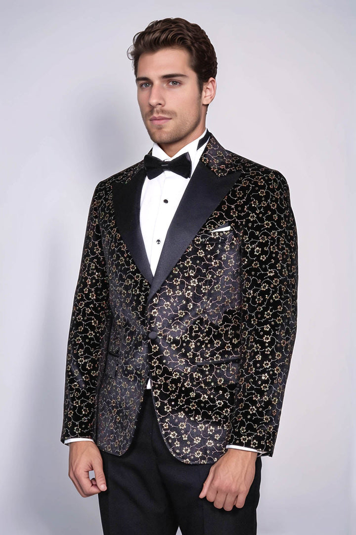 Tiny Flower Pattern Black Men Tuxedo Blazer - Wessi