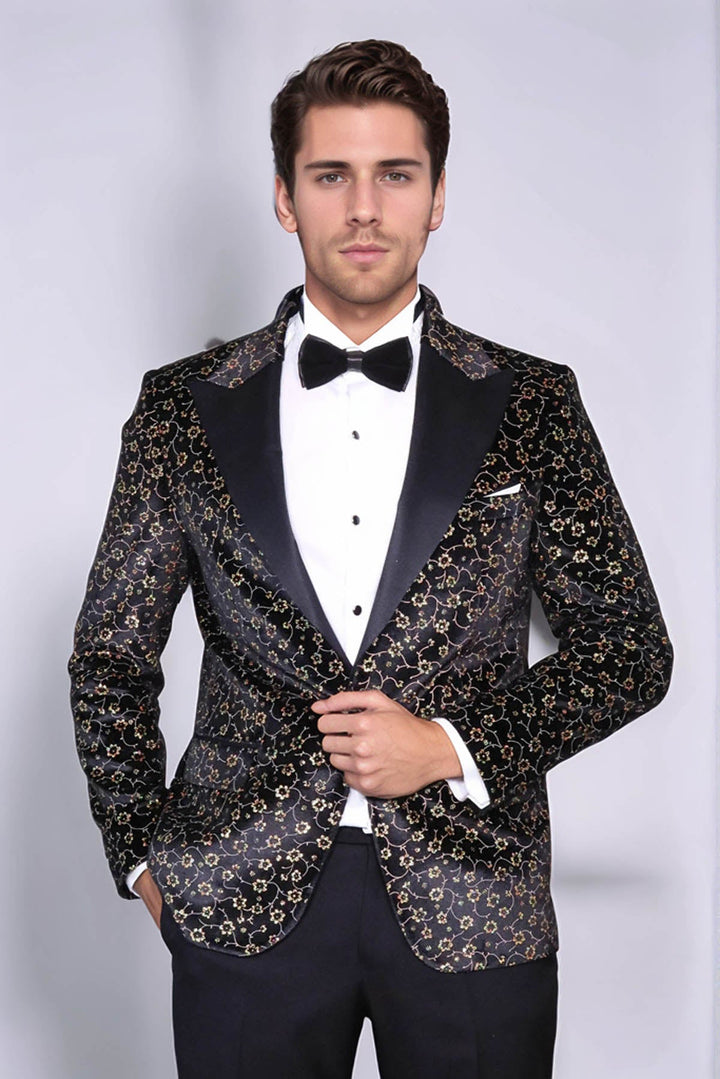 Tiny Flower Pattern Black Men Tuxedo Blazer - Wessi
