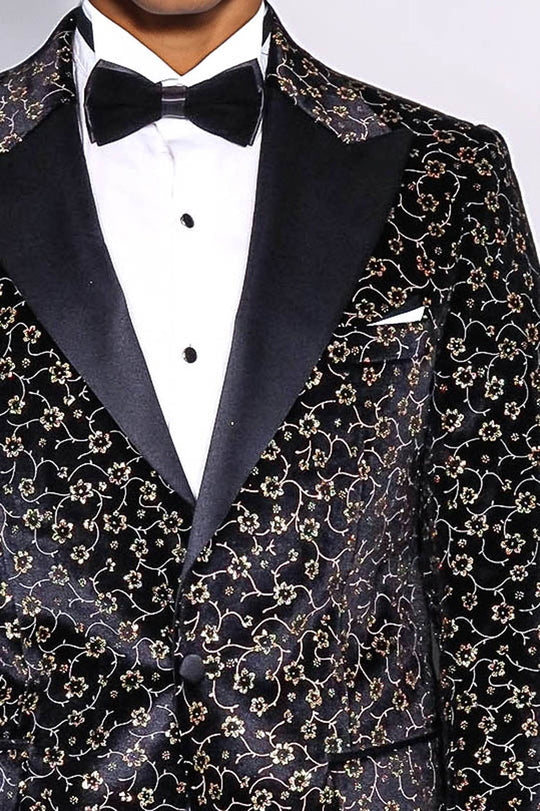 Tiny Flower Pattern Black Men Tuxedo Blazer - Wessi