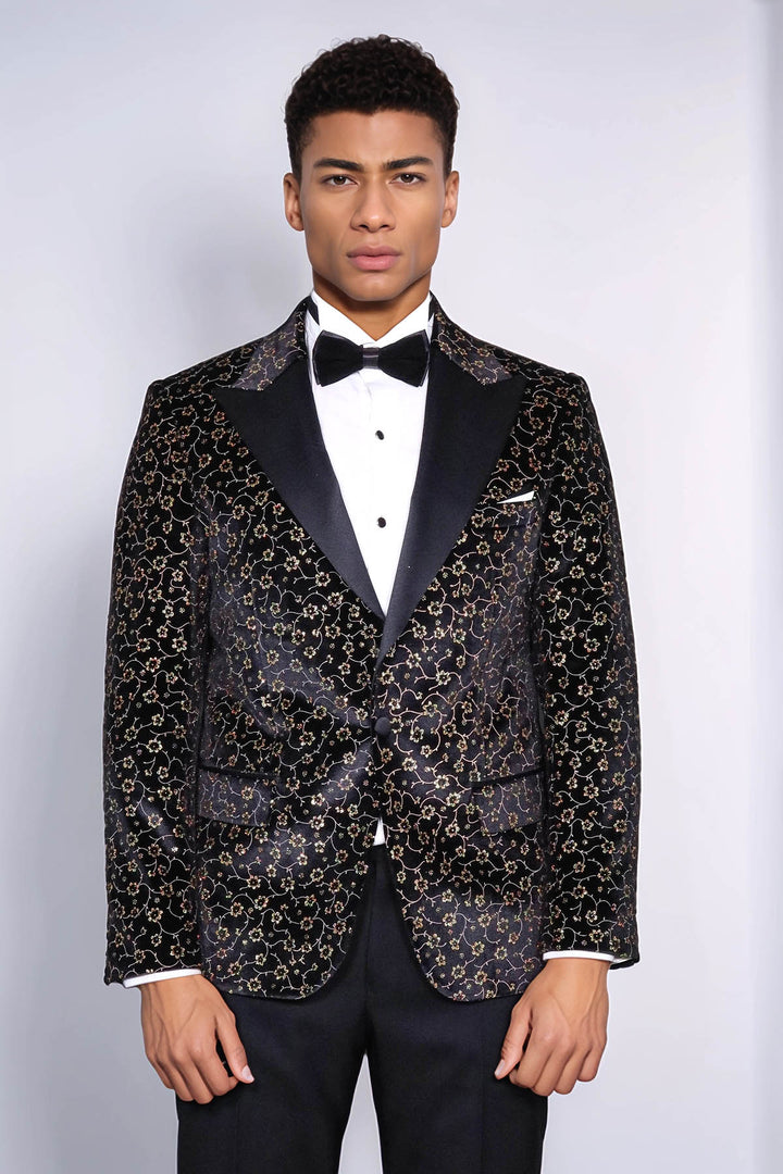 Tiny Flower Pattern Black Men Tuxedo Blazer - Wessi