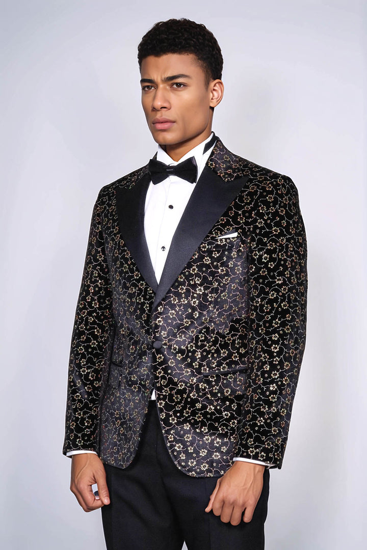 Tiny Flower Pattern Black Men Tuxedo Blazer - Wessi