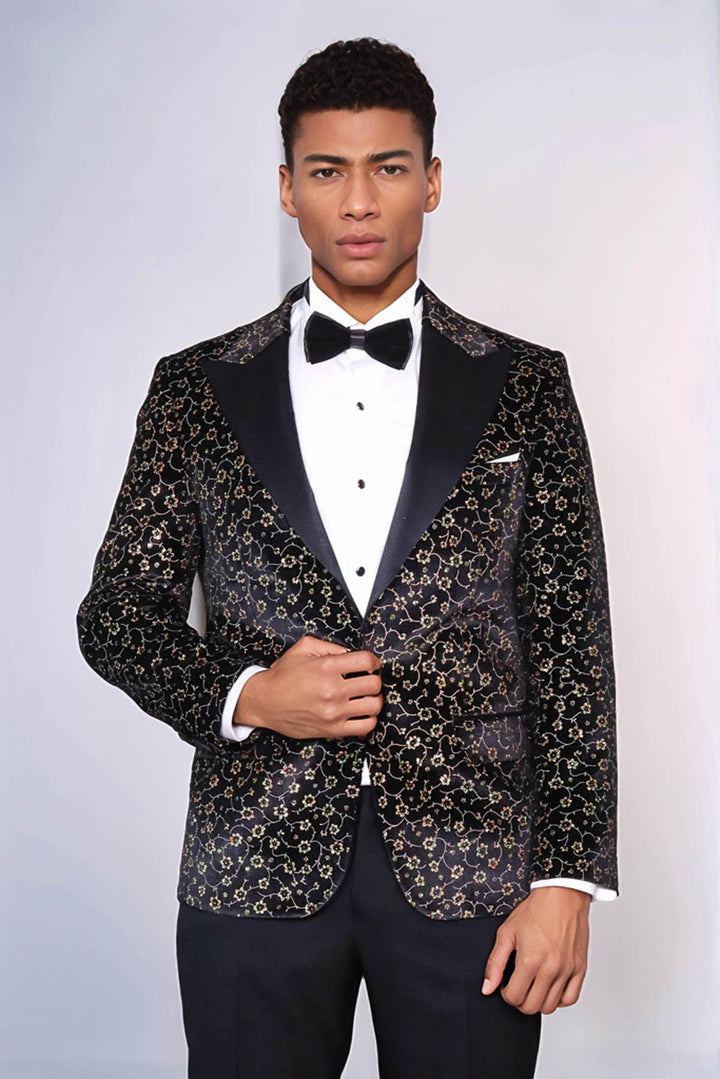Tiny Flower Pattern Black Men Tuxedo Blazer - Wessi