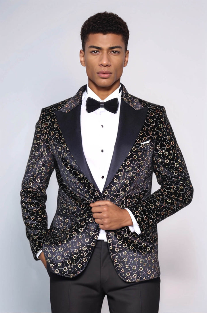 Tiny Flower Pattern Black Men Tuxedo Blazer - Wessi