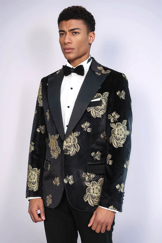 Gold Floral Patterned Shiny Black Men Party Tuxedo Blazer | Wessi Wessi - Discover Diversity Gold Floral Patterned Shiny Black Men Party Tuxedo Blazer | Wessi Wessi - Discover Diversity