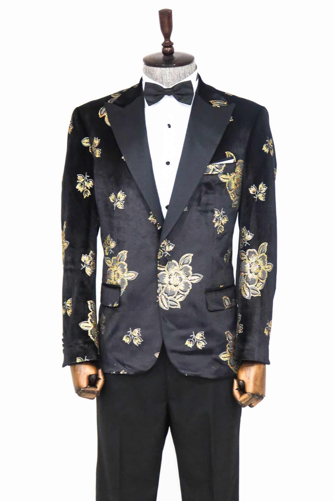 Gold Floral Patterned Shiny Black Men Prom Blazer and Trousers Combination- Wessi