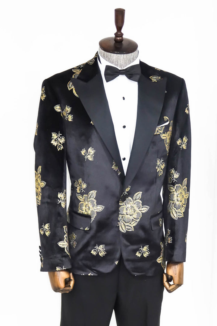 Gold Floral Patterned Shiny Black Men Prom Blazer - Wessi