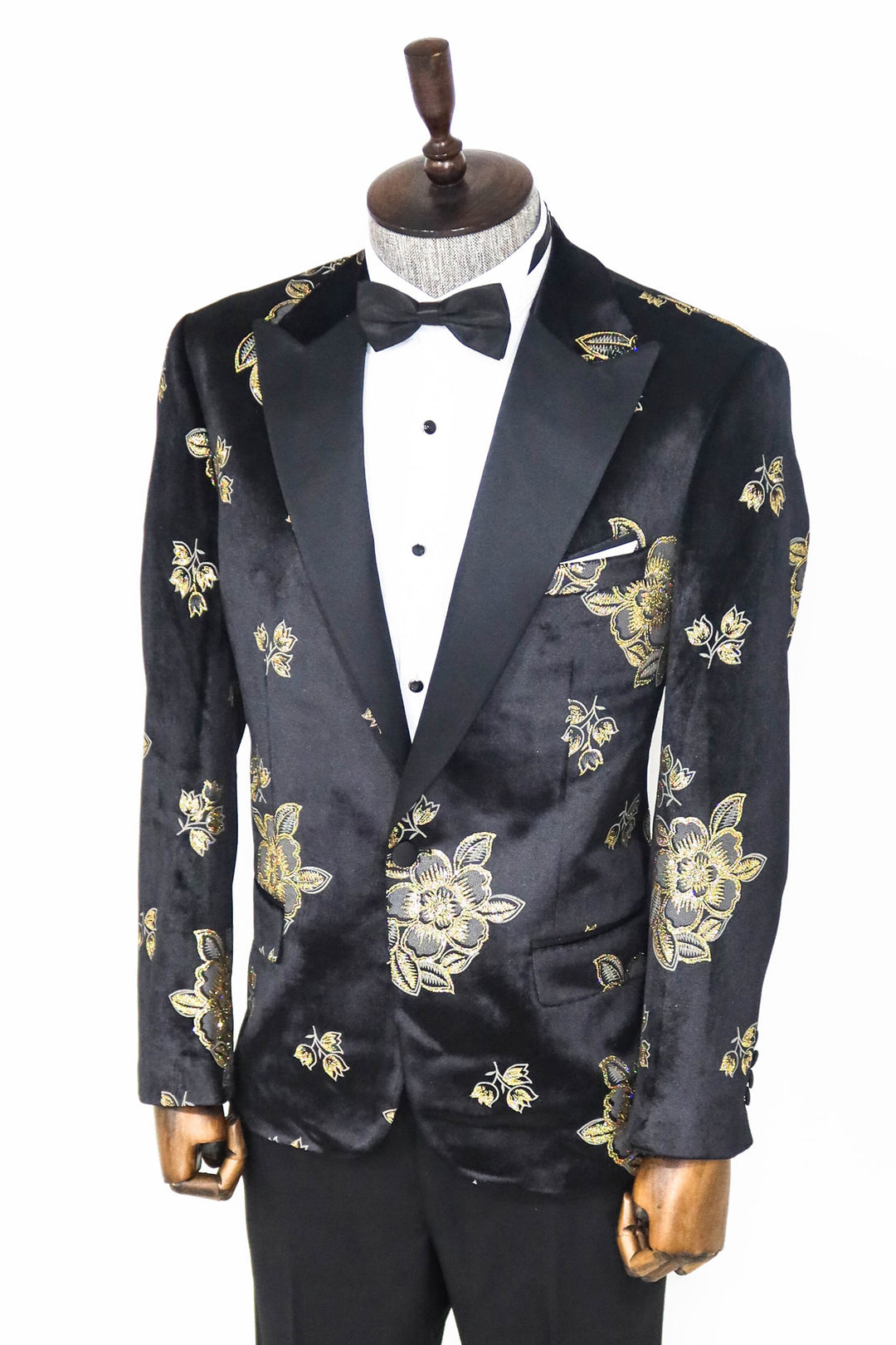Gold Floral Patterned Shiny Black Men Prom Blazer and Trousers Combination- Wessi