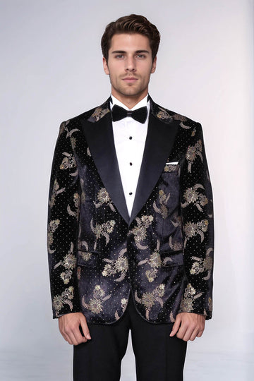 Dot Floral Patterned Velvet Black Men Stage Tuxedo Blazer - Wessi