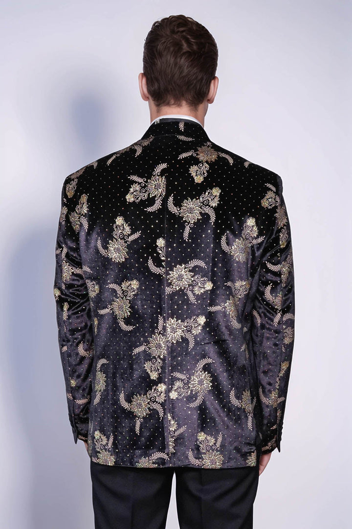 Dot Floral Patterned Velvet Black Men Stage Tuxedo Blazer - Wessi