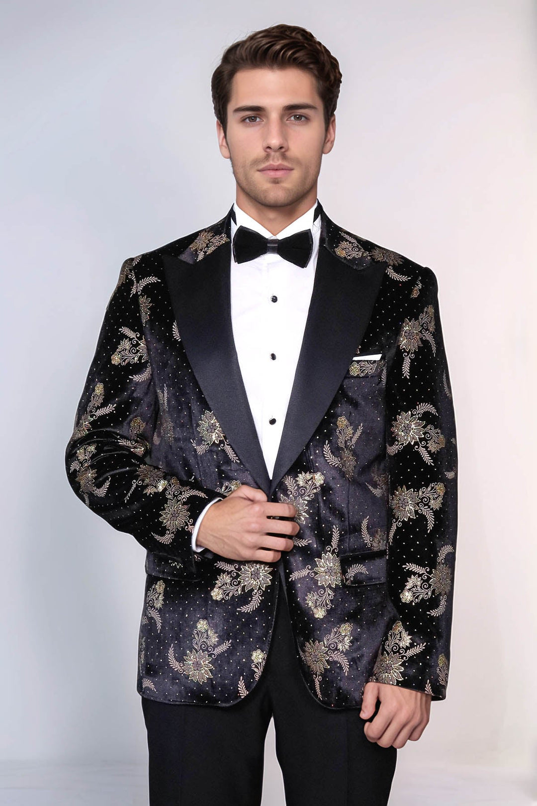 Dot Floral Patterned Velvet Black Men Stage Tuxedo Blazer - Wessi