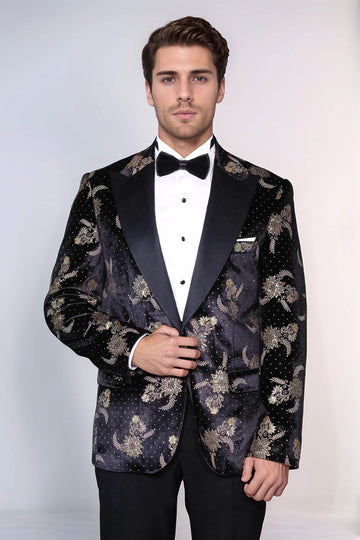 Dot Floral Patterned Velvet Black Men Stage Tuxedo Blazer - Wessi