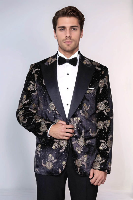 Dot Floral Patterned Velvet Black Men Stage Tuxedo Blazer - Wessi