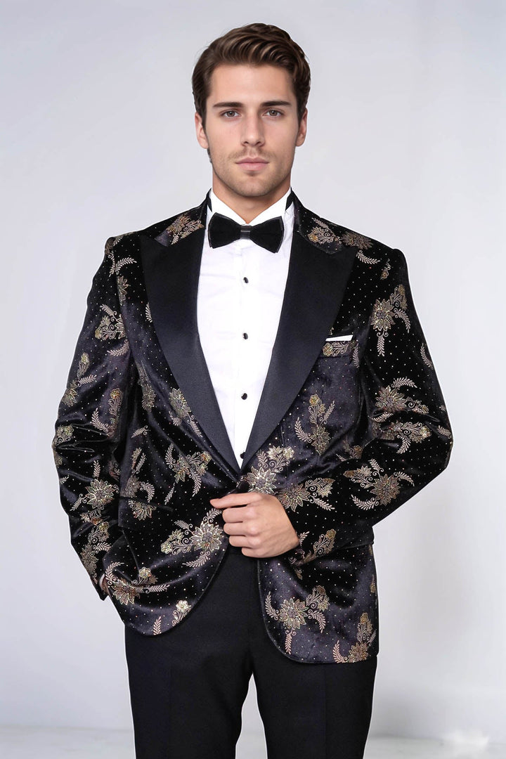 Dot Floral Patterned Velvet Black Men Stage Tuxedo Blazer - Wessi
