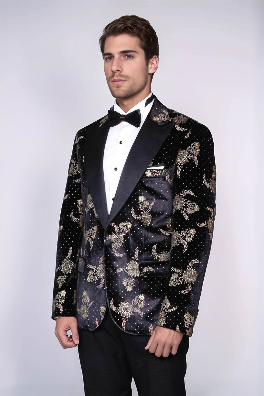Dot Floral Patterned Velvet Black Men Stage Tuxedo Blazer - Wessi