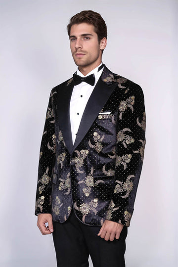 Dot Floral Patterned Velvet Black Men Stage Tuxedo Blazer - Wessi