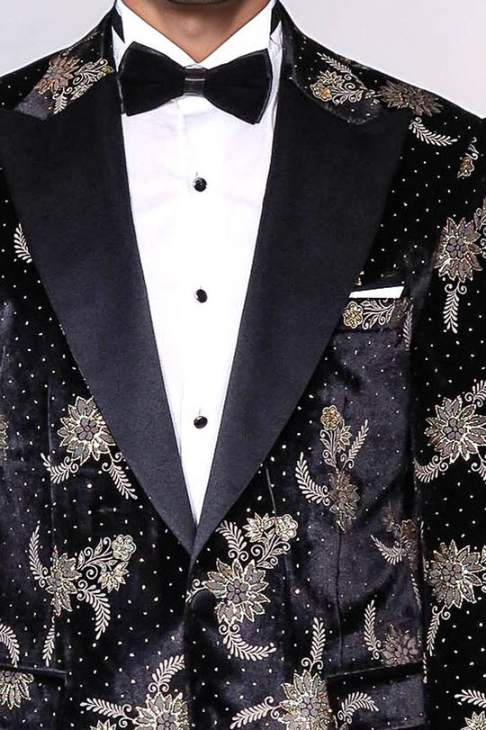Dot Floral Patterned Velvet Black Men Stage Tuxedo Blazer - Wessi
