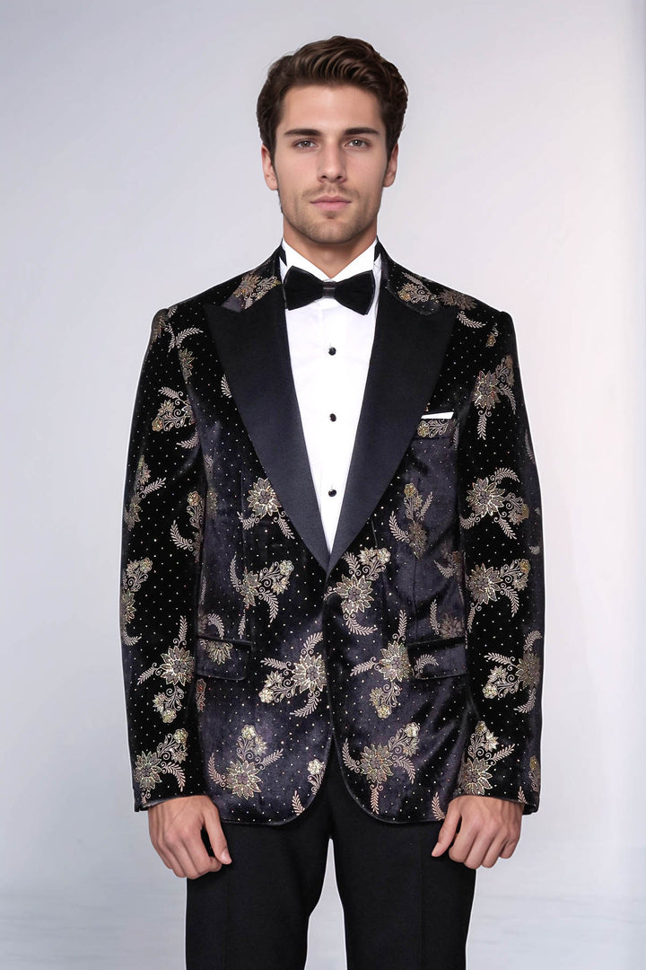 Blazer da uomo in velluto nero con motivi floreali a pois - Wessi