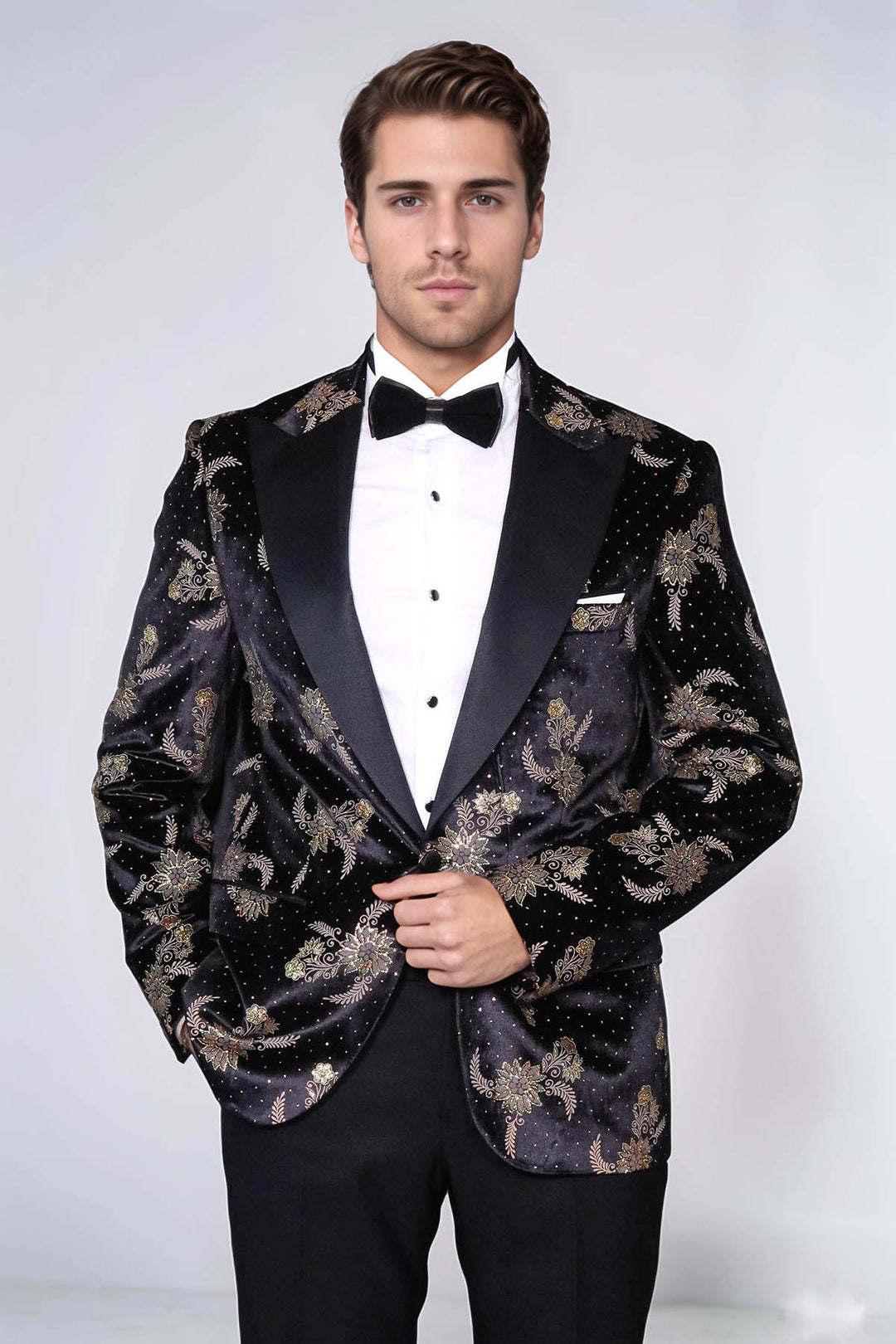 Blazer da uomo in velluto nero con motivi floreali a pois - Wessi