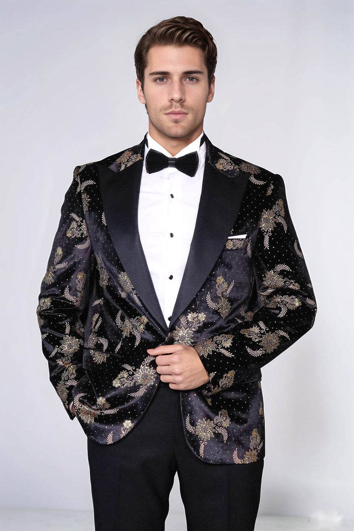 Blazer da uomo in velluto nero con motivi floreali a pois - Wessi
