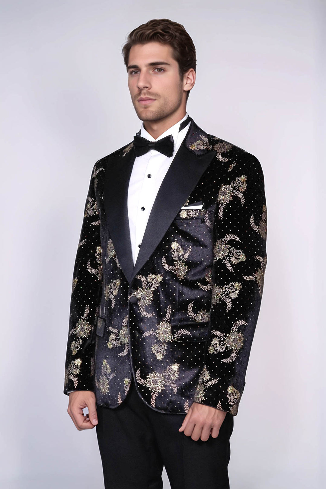 Blazer da uomo in velluto nero con motivi floreali a pois - Wessi