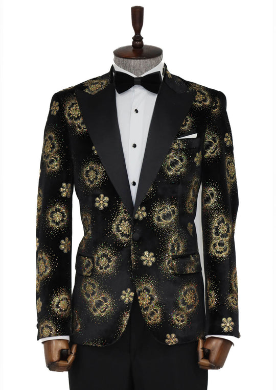 Golden Floral Pattern Shawl Lapel Tuxedo Jacket with Black Pants - Luxe Evening Look