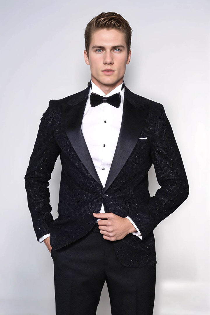 Hypnose Patterned Peak Lapel Slim Fit Black Men Tuxedo  Blazer - Wessi