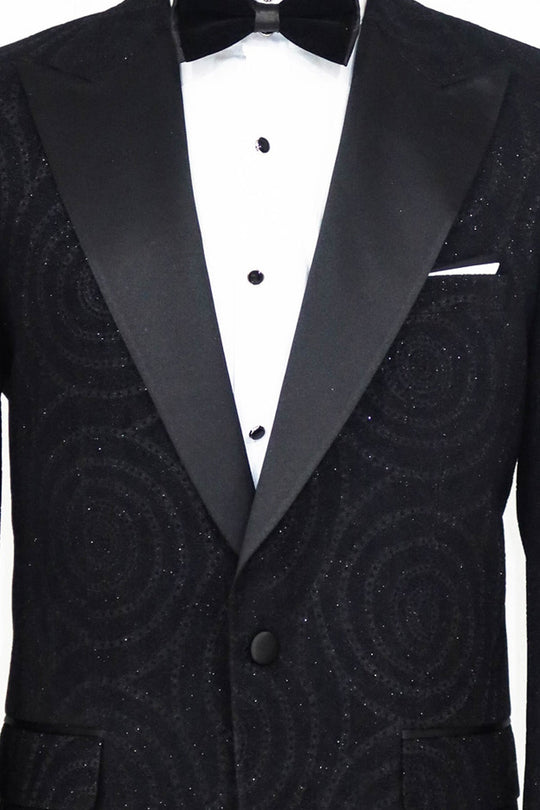 Hypnose Patterned Peak Lapel Slim Fit Black Men Tuxedo  Blazer - Wessi