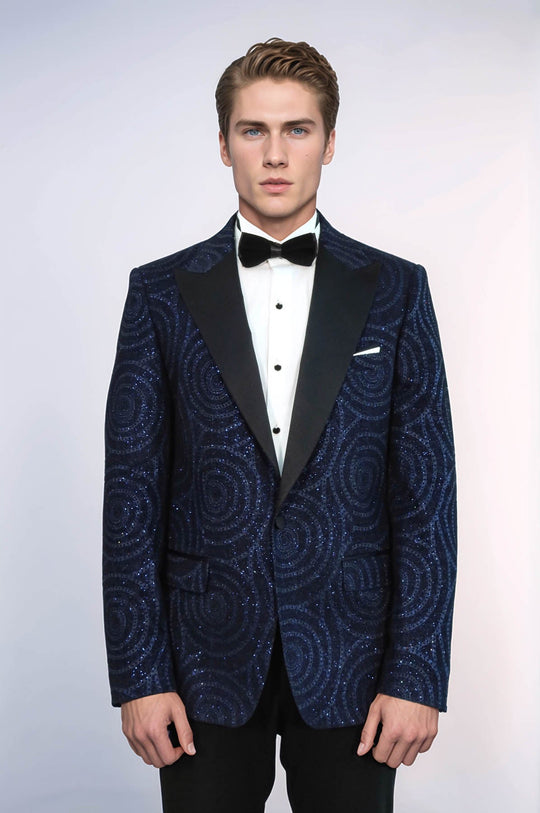 Hypnose Pattern Peak Revers Slim Fit Bleu Marine Homme Blazer De Bal - Wessi