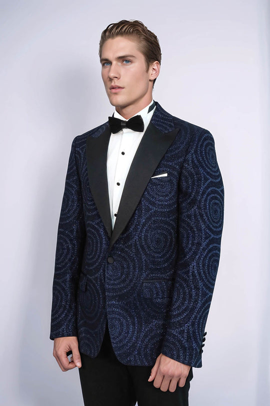 Hypnose Pattern Peak Revers Slim Fit Bleu Marine Homme Blazer De Bal - Wessi