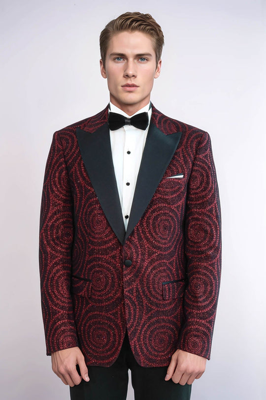 Hypnose Pattern Peak Lapel Slim Fit Burgundy Men Tuxedo  Blazer - Wessi
